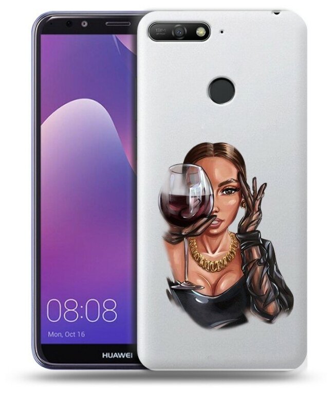 Полупрозрачный дизайнерский силиконовый чехол для Хуавей Y6 Прайм 2018 / Huawei Y6 Prime 2018 Девушка и вино