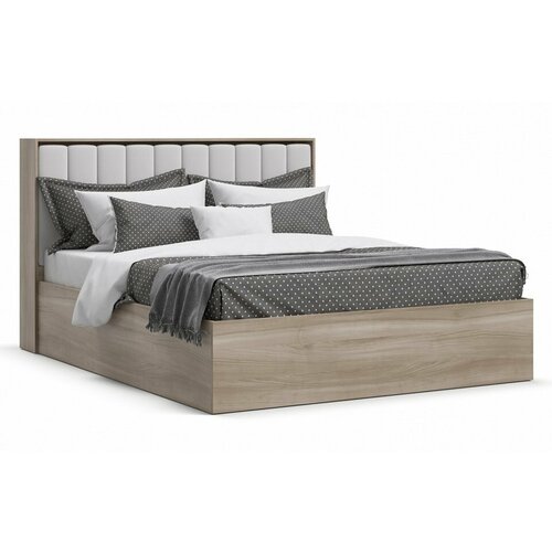 Двуспальная кровать Люкс, с подъемным механизмом, с мягким изголовьем, экокожа белая, цвет сонома, 160х200 см