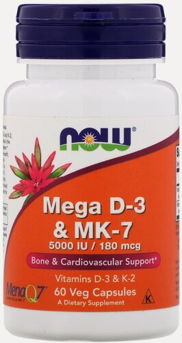 Изображение товара Now Foods Mega D-3 + K-2 MK-7, Мега Д-3 5000 МЕ + К-2 МК-7 180 мкг - 60 капсул