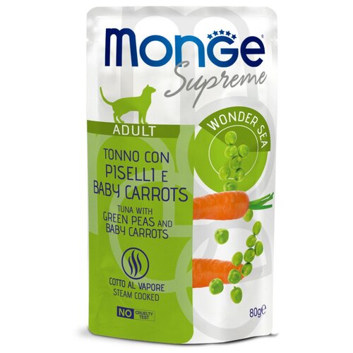 Monge Supreme Adult Cat влажный корм для взрослых кошек с тунцом, зелёным горошком и мини-морковью, в паучах - 80 г х 24 шт