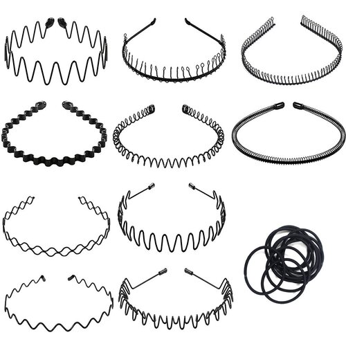 Ободок-гребешок для волос мужской и женский пружинка металлический черный тонкий гребень простой обруч в наборе резинки 920₽