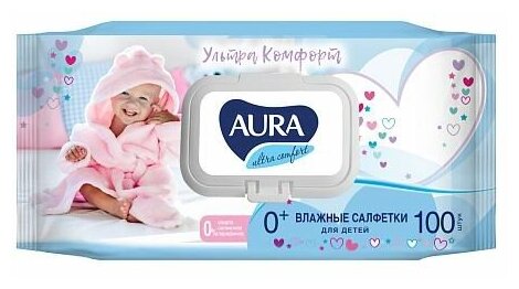 фото Влажные салфетки AURA ULTRA COMFORT для детей с экстрактом алоэ и витамином Е с крышкой 100шт