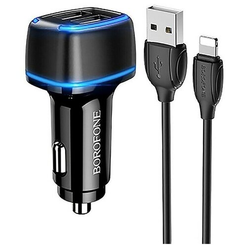 Адаптер Автомобильный с кабелем Borofone BZ14 Max 2USB, 5V, 2.4A, 10W +lightning