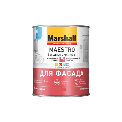 Краска фасадная акриловая Marshall Maestro глубокоматовая база BC 9 л. краска для колеровки фасадная marshall maestro прозрачная база bc 9 л