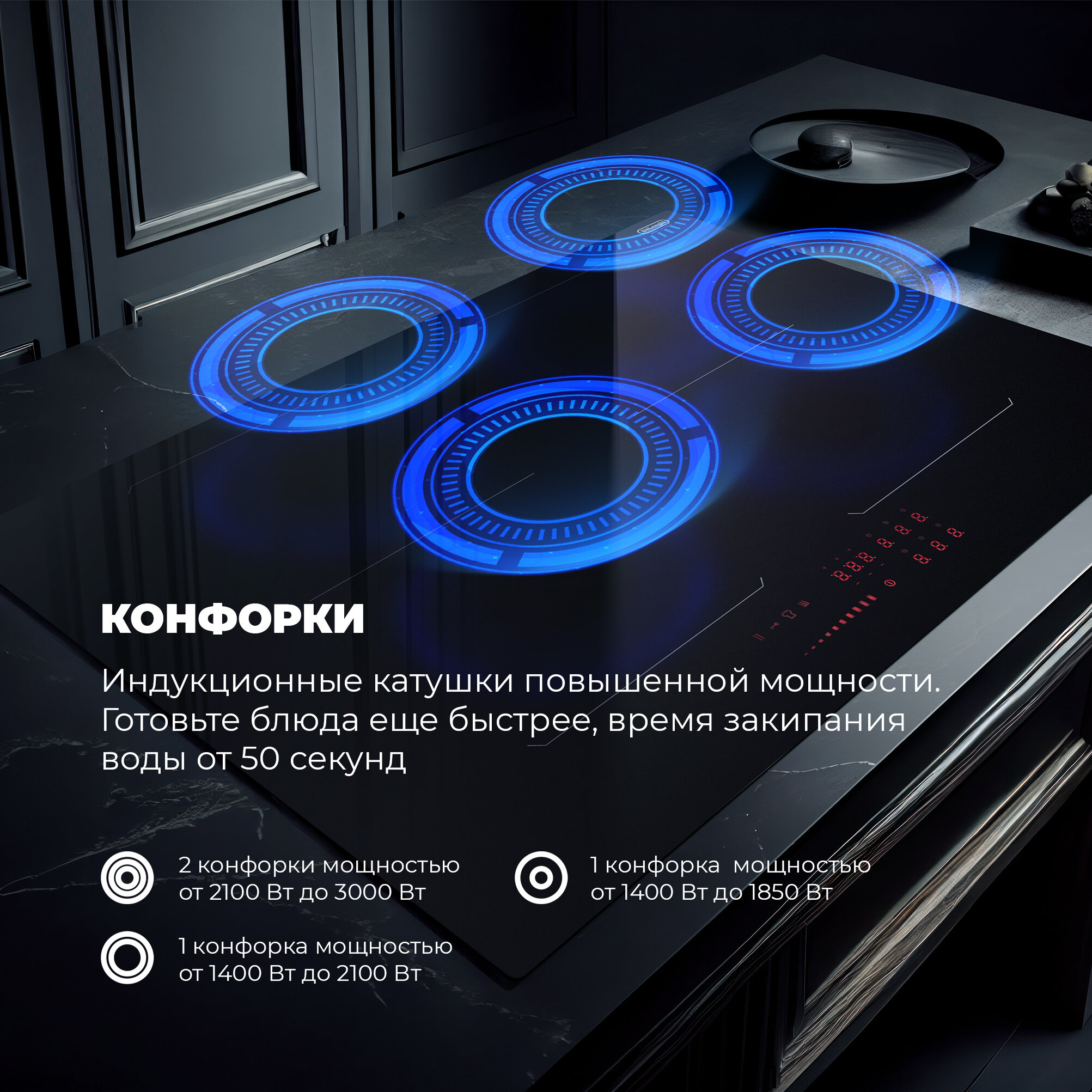 Индукционная варочная панель DeLonghi, SLI 754 RUS, 75 см, Варочная панель с четырьмя индукционными конфорками, дисплей с подсветкой, сенсорное управление, индикатор остаточного тепла, Bridge function - фотография № 2