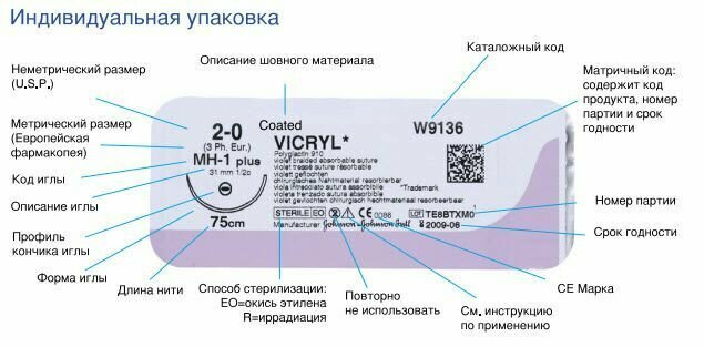 Шовный материал для хирургии Викрил 4-0, нить с иглой W9106 набор 12 шт — фото 1