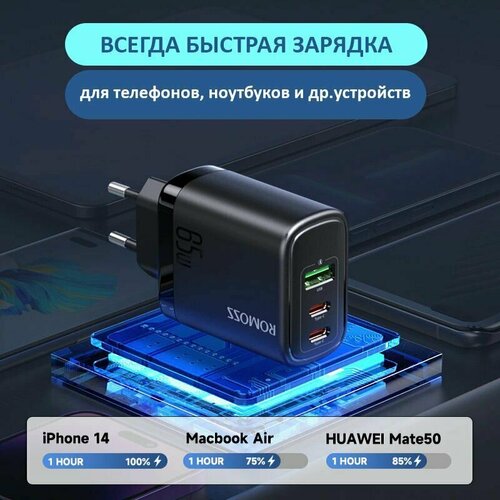 Сетевое зарядное устройство ROMOSS АС65Н 65W, 2ХUSB-A+USB Type-C, быстрая зарядка