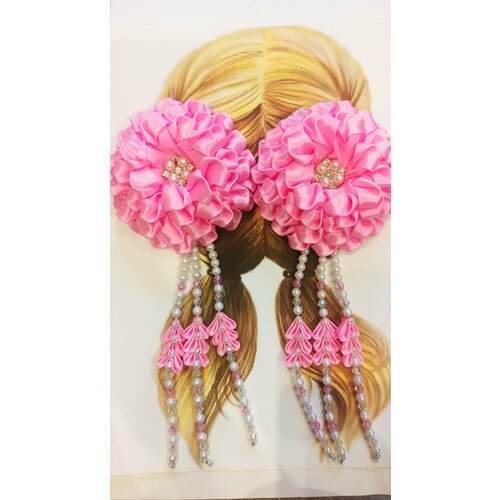 Банты для девочек розовые наи резинке с подвесками из бусин 2 шт