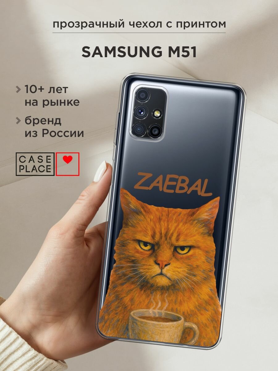 Чехол на Samsung Galaxy M51 / Самсунг Галакси М51 с принтом "Рыжий кот с надписью", прозрачный