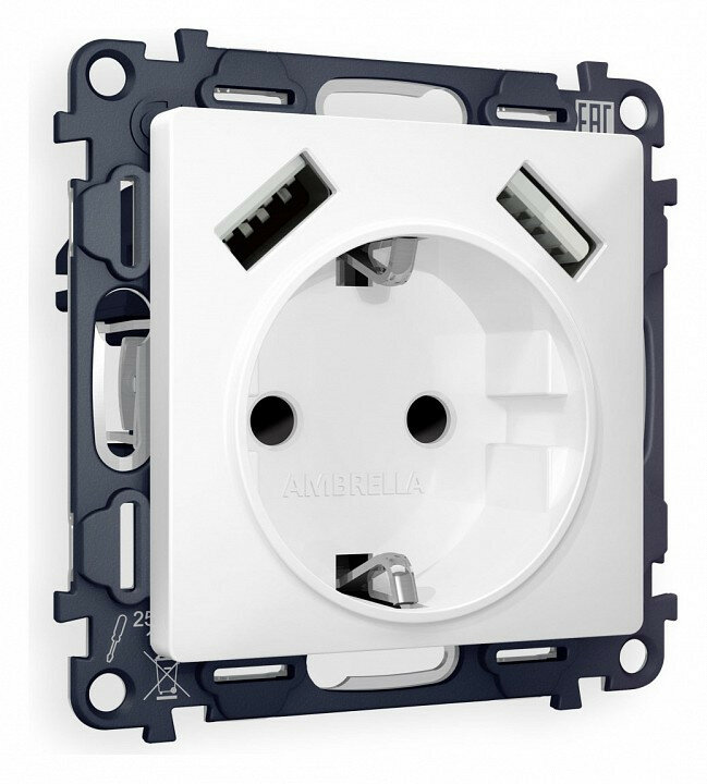Розетка с заземлением и со шторкой и 2хUSB type A, без рамки Ambrella Volt ALFA MA129010