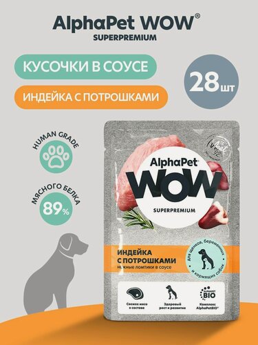 Изображение товара Влажный корм AlphaPet "WOW Superpremium", для щенков и взрослых собак, индейка, 85г