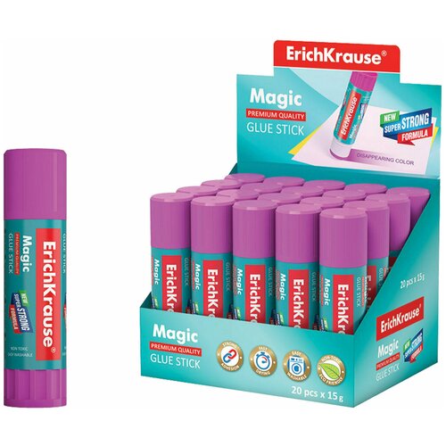 Клей-карандаш ERICH KRAUSE Magic, 15 г, розовый, 4446, (20 шт.) комплект 7 шт клей карандаш erich krause magic 15 г обесцвечивающийся после высыхания 4446