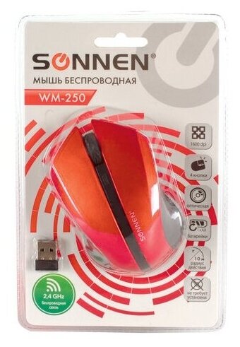 Мышь беспроводная SONNEN WM-250R USB 1600 dpi 3 кнопки 1 колесо-кнопка оптическая красная 512643