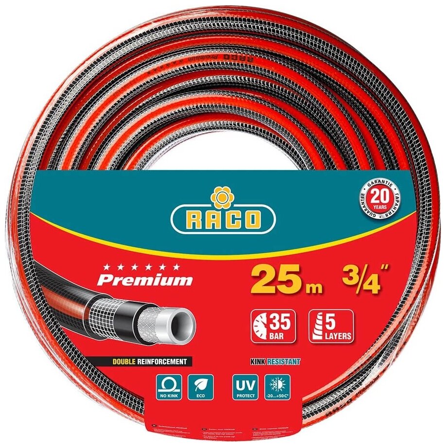 RACO PREMIUM 3/4", 25 м, 35 атм, пятислойный поливочный шланг, усиленный двумя слоями армирования