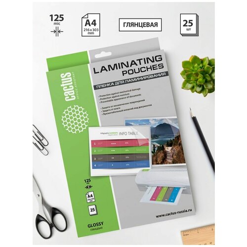 Пленка для ламинирования Cactus CS-LPGA412525 A4 125мкм 25шт глянцевая поверхность 216x303мм 390₽