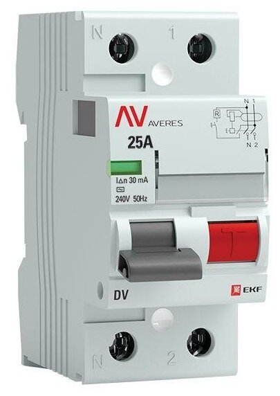 Выключатель дифференциального тока (УЗО) 2п 25А 30мА тип AC DV AVERES | код.rccb-2-25-30-ac-av | EKF (10шт.в упак.)