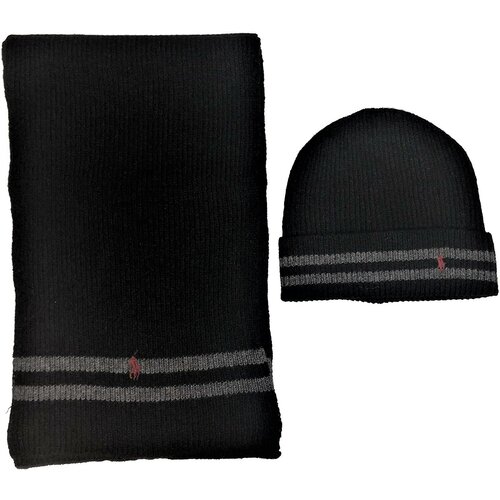 Сет POLO RALPH LAUREN OS мужской черные шапка и шарф с серыми полосками и красным лого