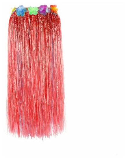 Гавайская юбка длинная красная с цветочками, 80 см