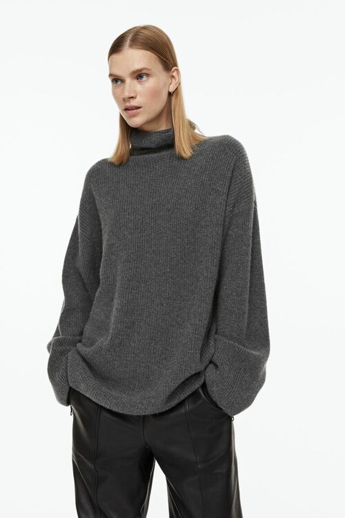Кашемировый свитер с высоким воротником в рубчик - темно-серый - XS