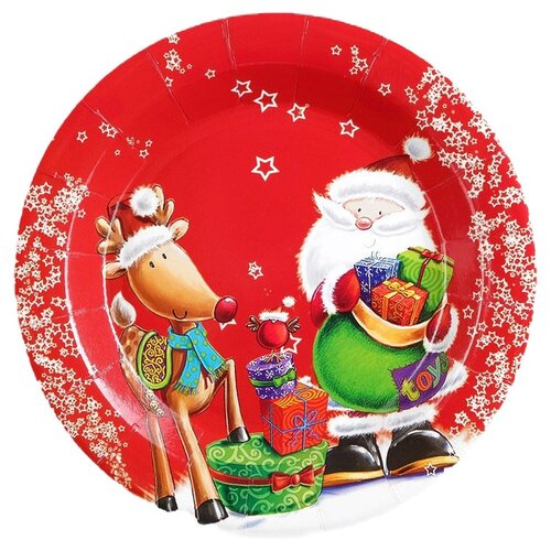 Страна Карнавалия Набор бумажных тарелок Дед Мороз с подарками, 18 см, 6 шт., красный