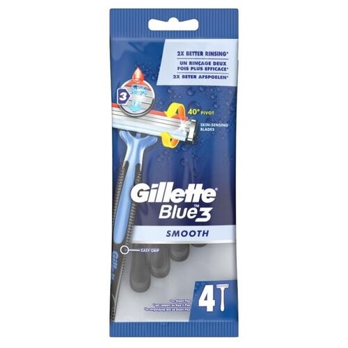 Одноразовый бритвенный станок Gillette Blue3 Smooth, синий, 4 шт.