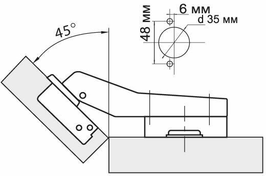 Петля мебельная угловая 45 Clip-on с доводчиком, 1шт, чашка 35мм
