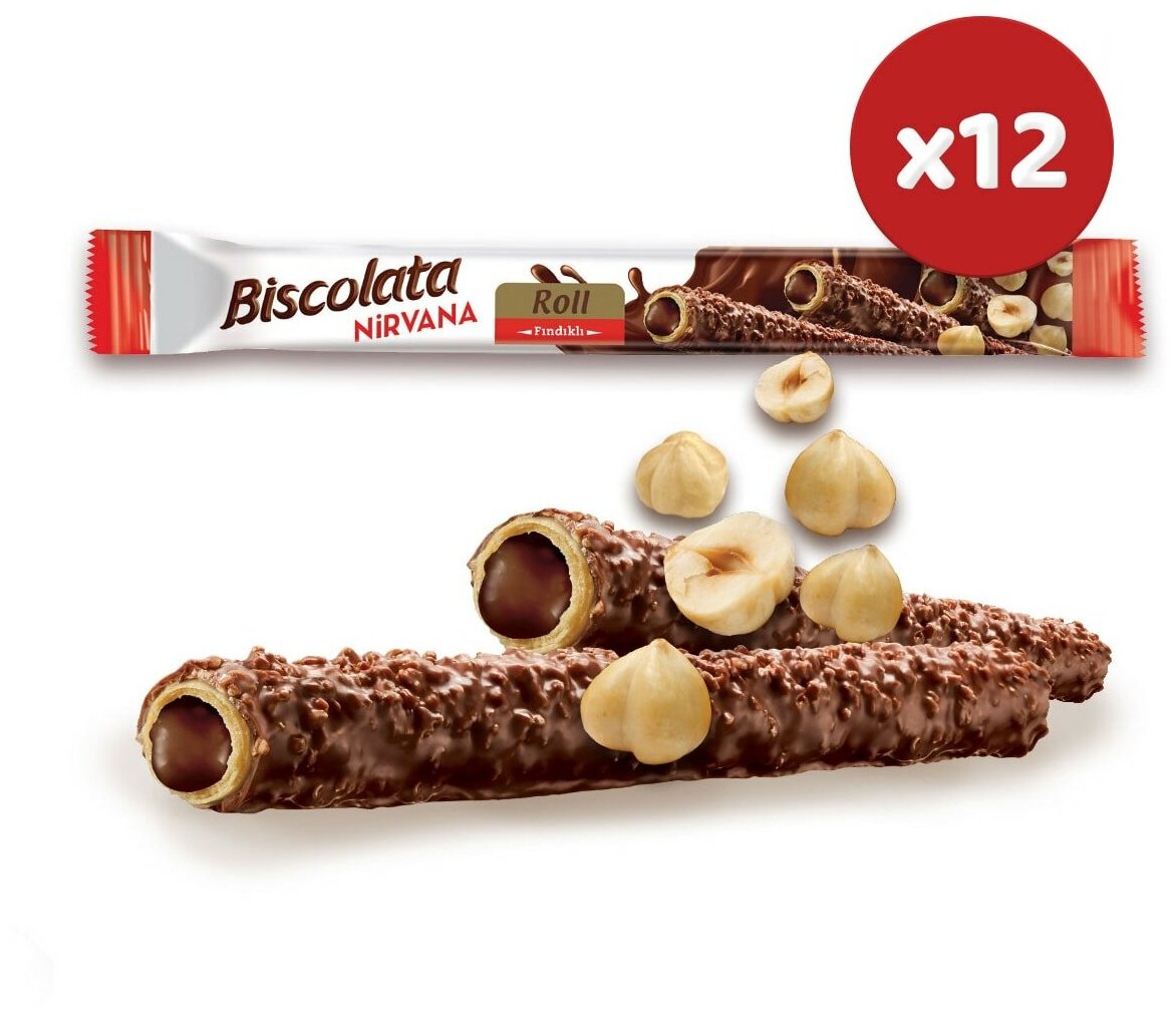 Вафли Biscolata Nirvana Roll c ореховой начинкой в глазури, 28 г, 12 шт. в уп. - фотография № 4