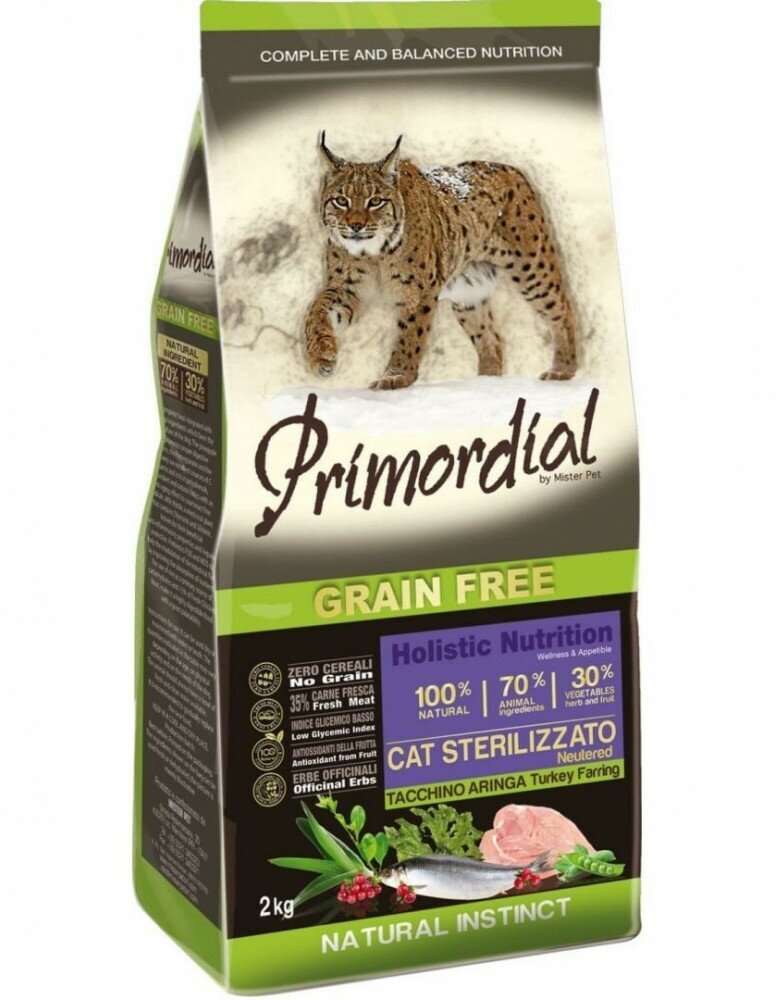 Primordial Сухой корм для стерилизованных кошек беззерновой Primordial с индейкой, с сельдью 2 кг