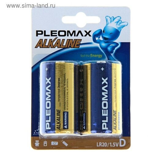 Батарейка алкалиновая Pleomax, D, LR20-2BL, 1.5В, блистер, 2 шт.