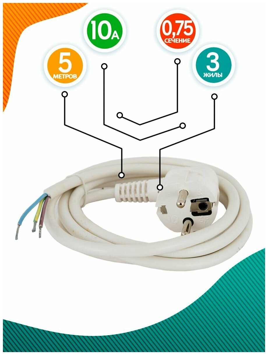 фото Шнур с вилкой армированный ПВС 3х0,75мм 10А 5м белый