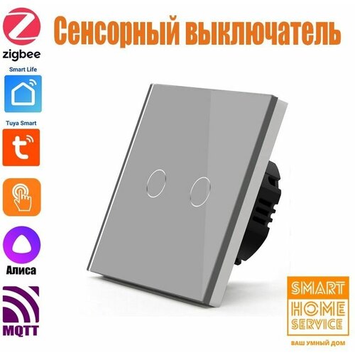 Умный сенсорный выключатель Zigbee серый двухклавишный