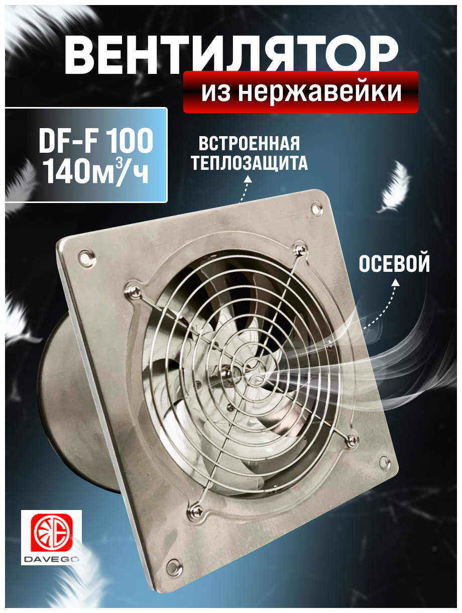 Вентилятор осевой настенный DAVEGO DF-F 100 нержавейка 140м3/ч