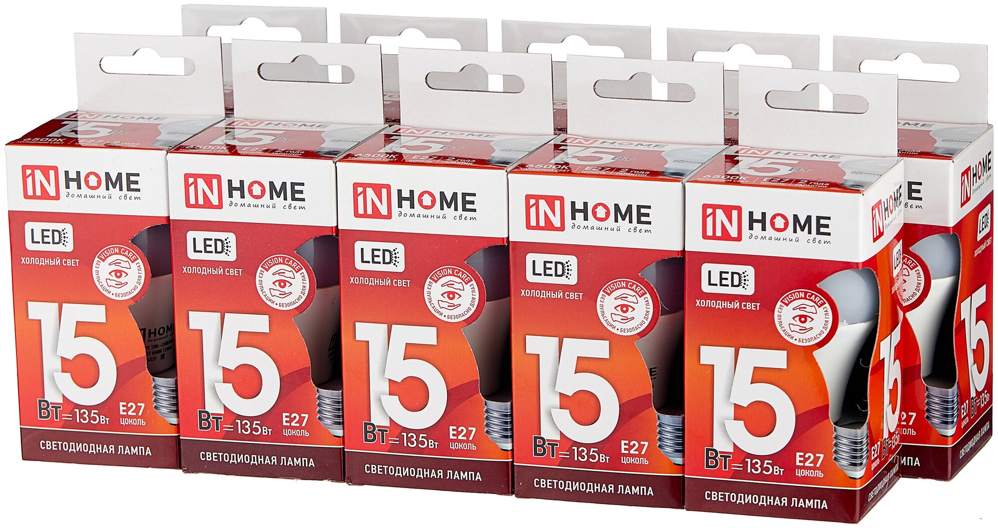 Упаковка 10шт ламп сд LED-A60-VC 15Вт 230В Е27 6500К 1350Лм IN HOME