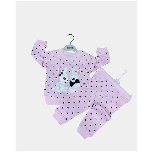 Костюм нежно-розовый для девочек, с мягкой аппликацией из заек с бантиками и хвостиками, р-р74