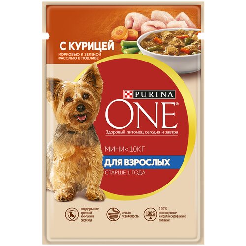 Влажный корм для собак Purina ONE Мини Взрослая, курица с морковью и зеленой фасолью в подливе 1 уп. х 2 шт. х 85 г (для мелких пород) корм для собак purina one mini активных мелких пород утка паста зеленая фасоль 85г