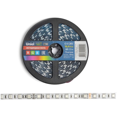 Uniel ULS-5050-60LED/m-10mm-IP20-DC24V-14,4W/m-5M-RGB Гибкая светодиодная лента UNIEL на самоклеящейся основе. Упаковка - катушка 5 м. в герметичной упаковке. IP20. Угол излучения 120 . Мультиколор.