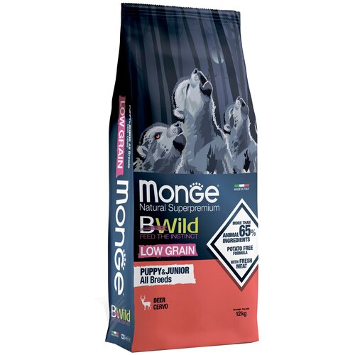 Сухой корм для щенков Monge BWILD Feed the Instinct Low Grain, оленина 1 уп. х 1 шт. х 12 кг сухой корм для щенков monge bwild feed the instinct утка с картофелем 1 уп х 1 шт х 2 5 кг