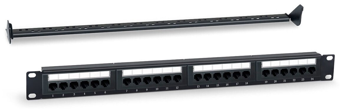 Патч-панель 19" (1U), 24 порта RJ-45, категория 5e, Dual IDC, с задним кабельным организатором, цвет черный