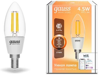 Умная Wi-Fi лампочка Gauss Smar Home Filament С35 4,5W Е14 управление голосом/смартфоном, диммируемая