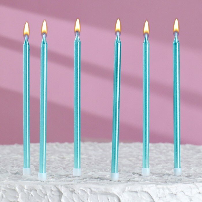 Страна Карнавалия Свечи в торт "Ройс", 6 шт, высокие, 12,5 см, небесно-голубой металлик