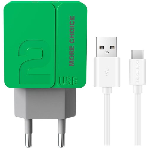 Сетевое зарядное устройство 2USB 2.4A в комплекте с дата-кабелем Type-C More choice NC46a 1м Green