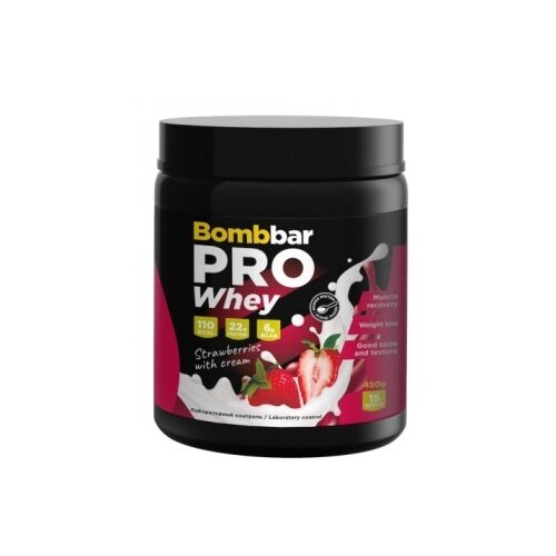 Протеин BOMBBAR PRO Whey, 450 гр., клубника со сливками протеин bombbar pro keto whey 450 гр кето сливки шоколад
