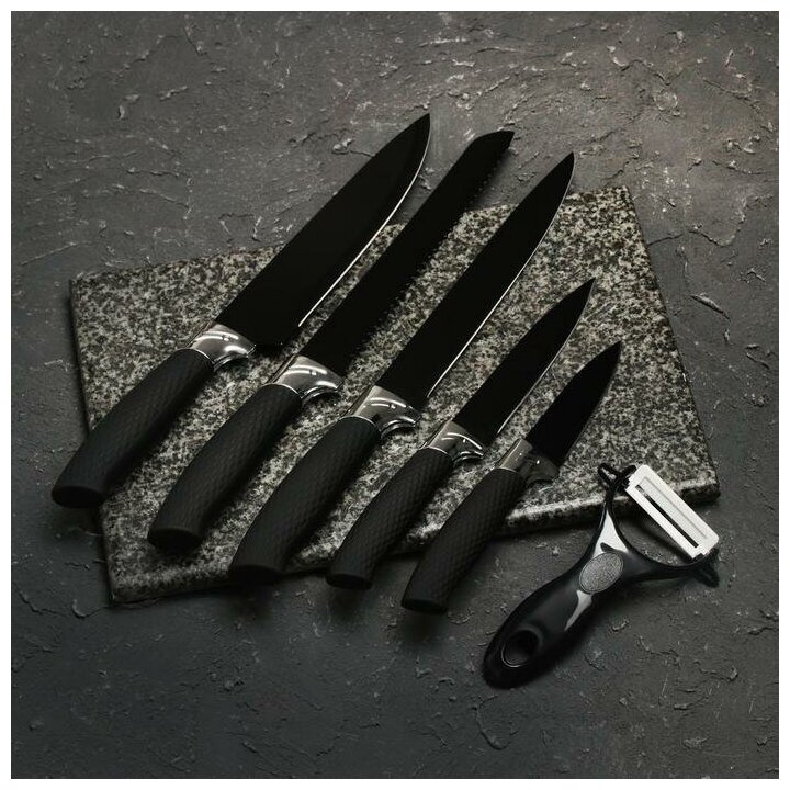 Набор Тень , 6 предметов: ножи 19 см, 23 см, 32 см, 32 см, керамическая овощечистка, 32 4 см, цвет чёрный