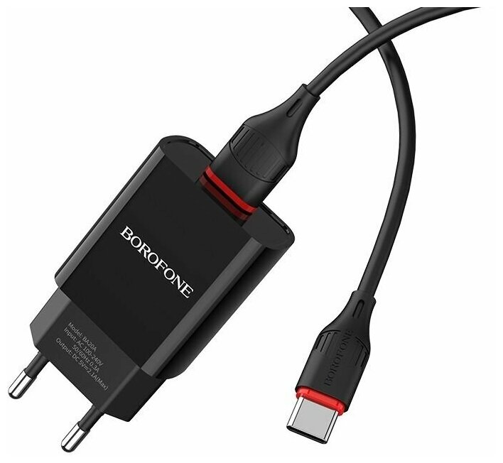 Сетевое зарядное устройство BOROFONE BA20A Sharp 1xUSB, 2.1А + кабель Type-C, 1м (черный)