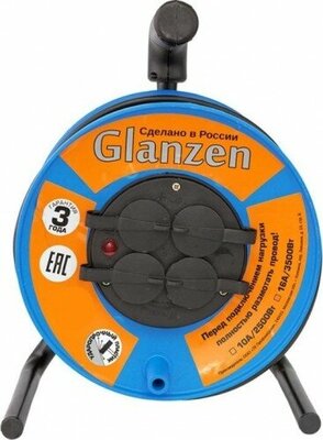 Удлинитель силовой на катушке GLANZEN 4 розетки ПВС 3х1,5 IP44 40м EB-40-020