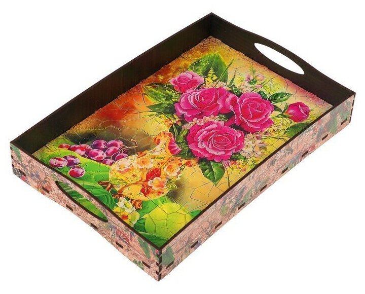 фото Поднос с ручками "Ваза с цветами", деревянный, 30,4x20,4x4,7см