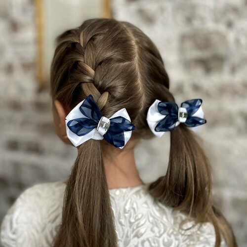 Резинки бантики для волос, комплект 2 шт, белый+синий резинки бантики для волос комплект 2 шт синий белый