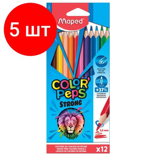 Комплект 5 шт, Карандаши цветные MAPED COLOR PEP'S Strong, набор 12 цветов, грифель 3.2мм, пластиков. корпус, 862712