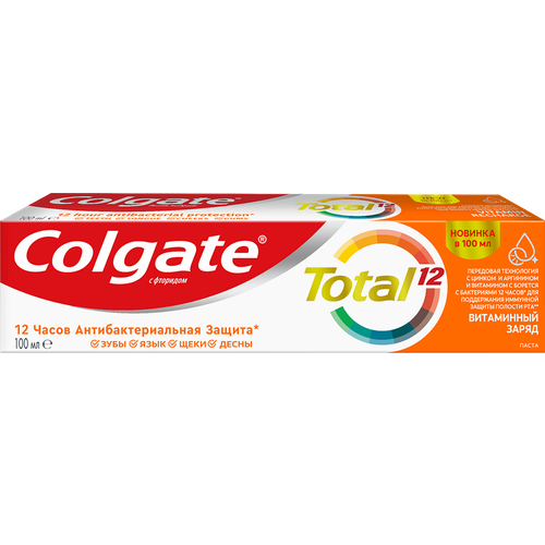 Зубная паста COLGATE Total 12 Витаминный заряд с цинком и аргинином для комплексной антибактериальной защиты, 100мл подарочная коробка витаминный заряд