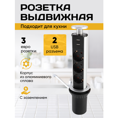 Розетка встраиваемая вертикальная с USB разъемами, серая